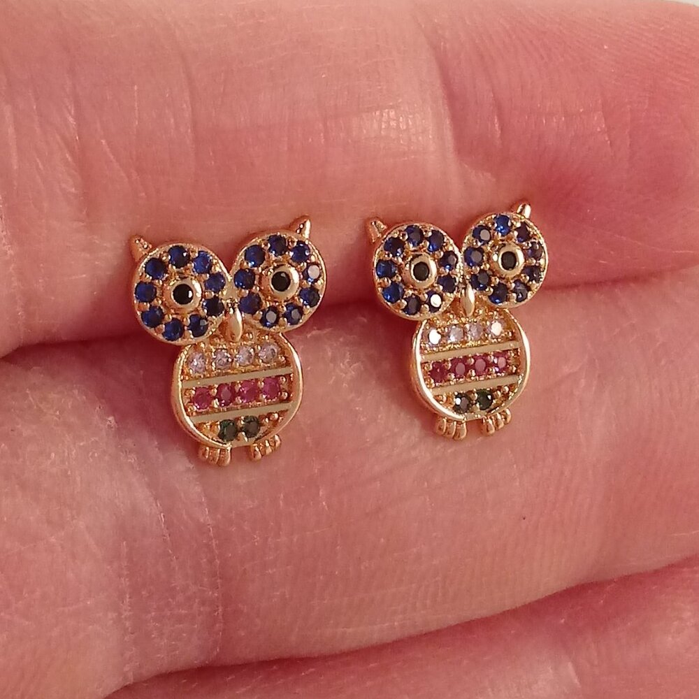 18K Yellow Gold Filled Owl Diamond Zircon Stud Earrings Gorgeous Gift - Picture 4 of 5